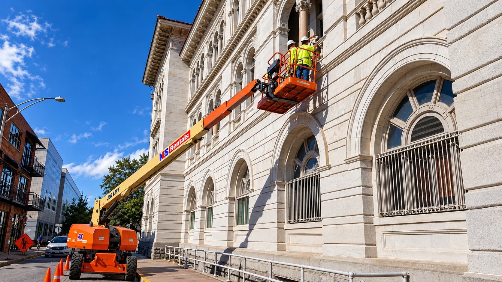 LEE Construction crew working from a lift on the facade of a historic courthouse